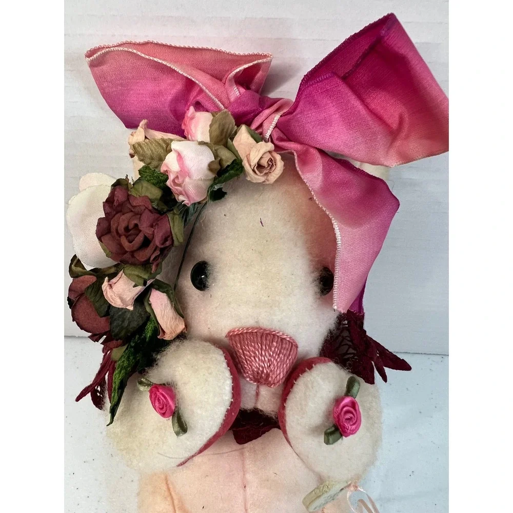 Chris Miller Tickle Me Pink Artist Teddy Bear Pink Bow Floral Crown Signed 12in
